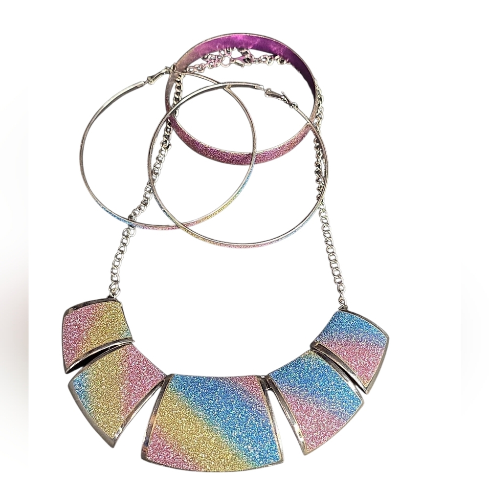 Multicolor Glitter Necklace, Bracelet and Hoop Earrings Set